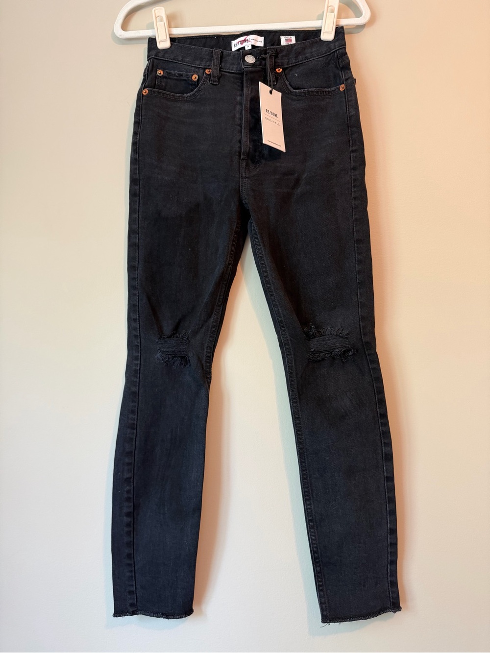 RE/DONE Originals “Ankle Crop” Black Distressed Skinny Jeans Sz 26 NWT